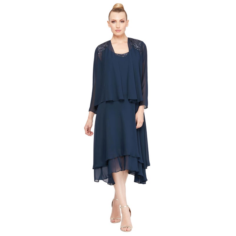 S.L. Fashions Women's Embellished Neckline & Shoulder, Mother of The Bride Jacket Dress (Petite and Regular Sizes), Navy, 16 - Image 1